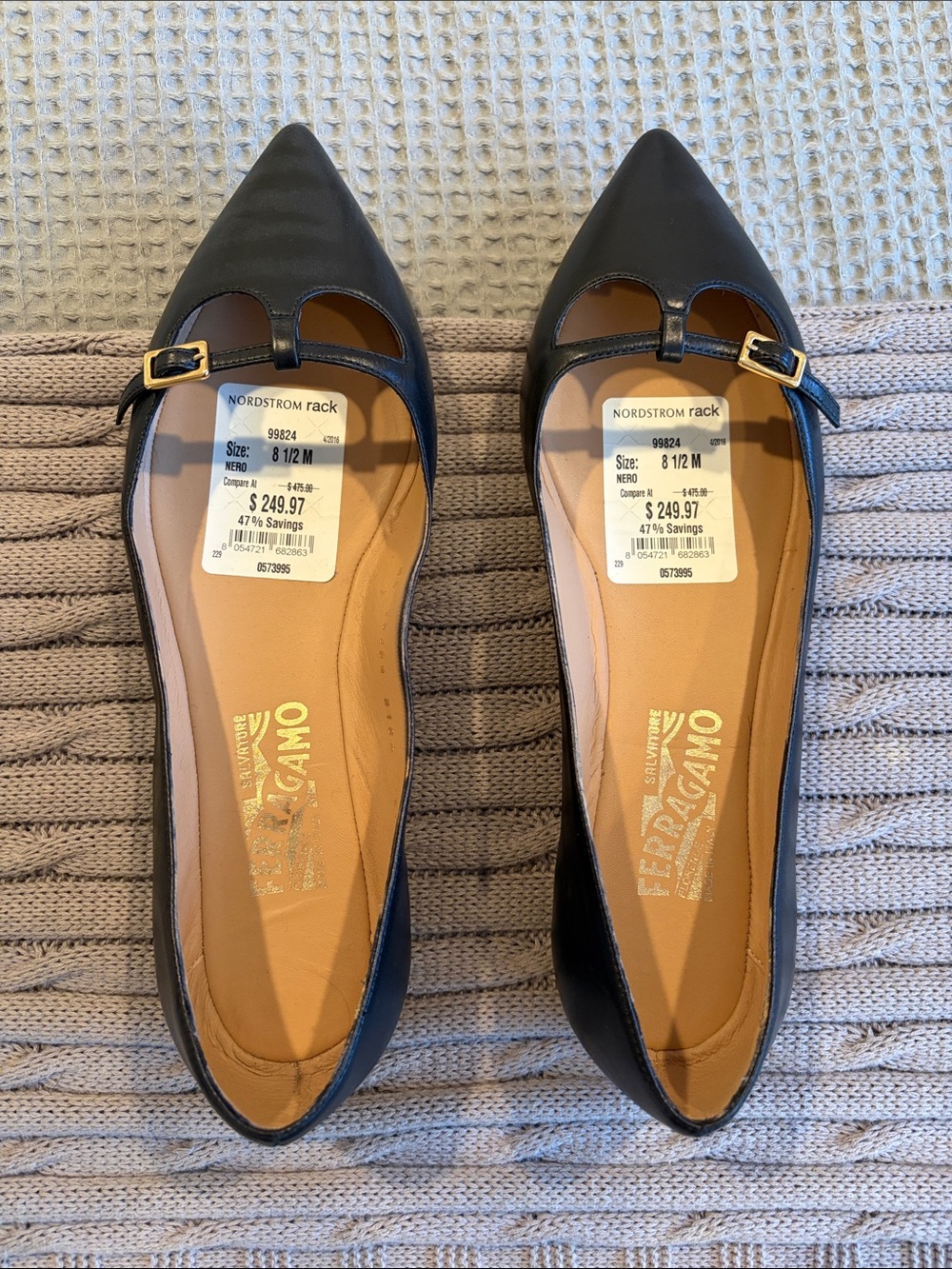 Salvatore Ferragamo Black Leather Pointed Mary Jane Flats with Gold Buckles